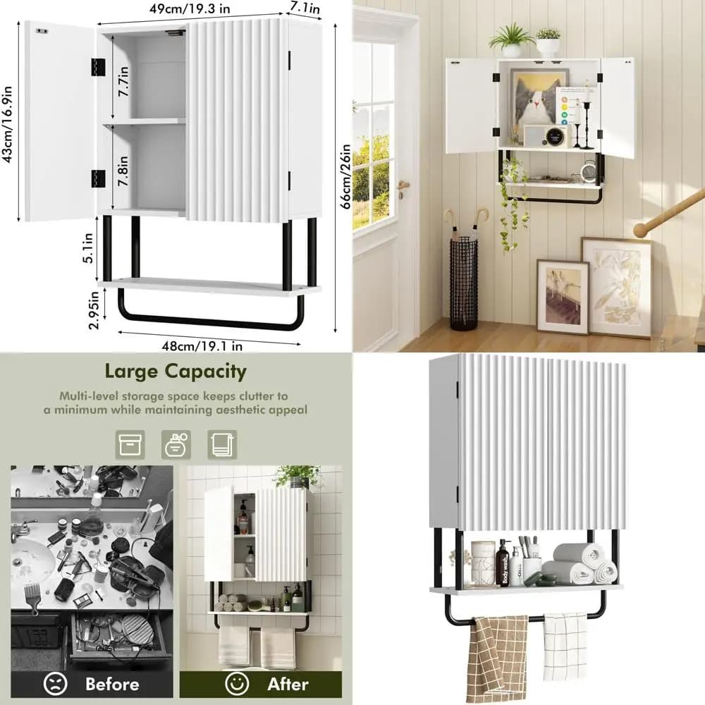 Mobiletto da bagno bianco medio a 2 ante e 3 ripiani in stile rustico con ripiano regolabile e portasciugamani
