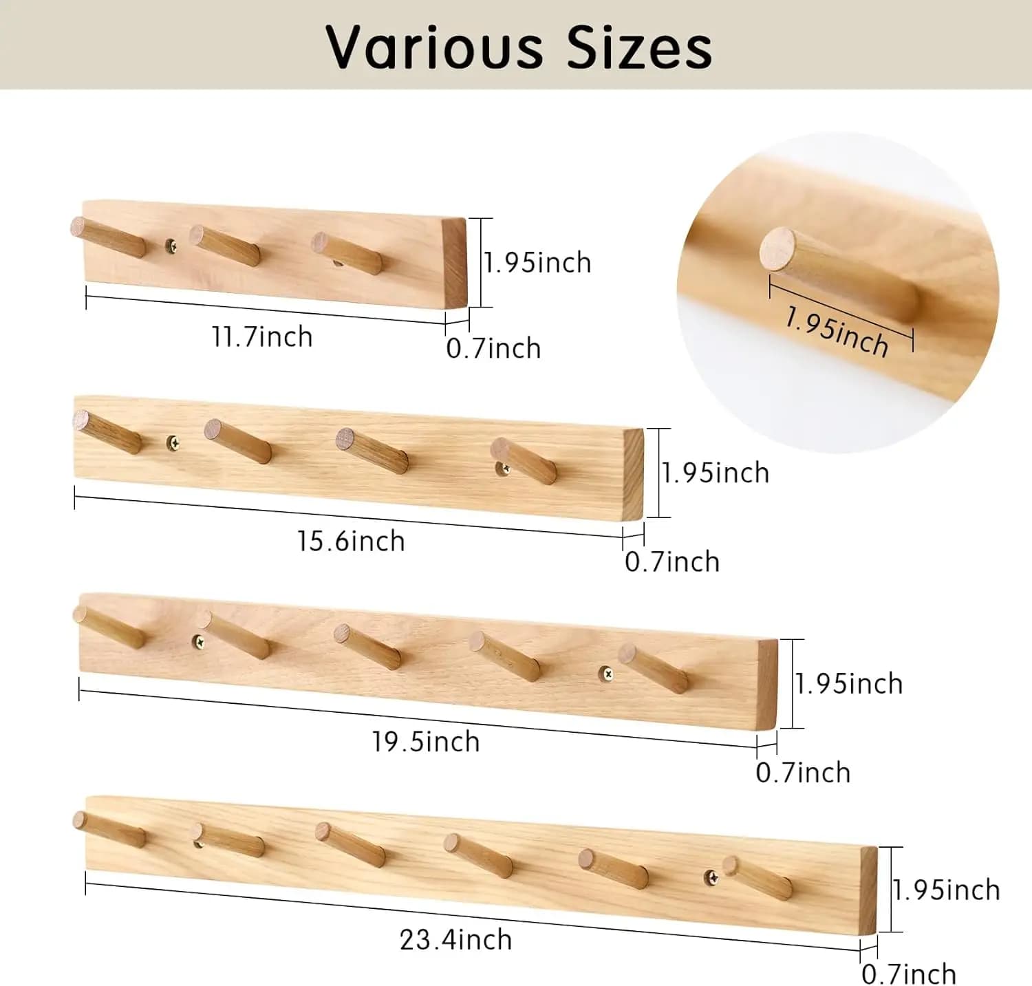 Appendiabiti da Parete in Legno di Hickory, Ganci Appendiabiti da 24 Pollici, Portaoggetti da Parete in Legno con 6 Ganci per Borse, Vestiti, Asciugamani