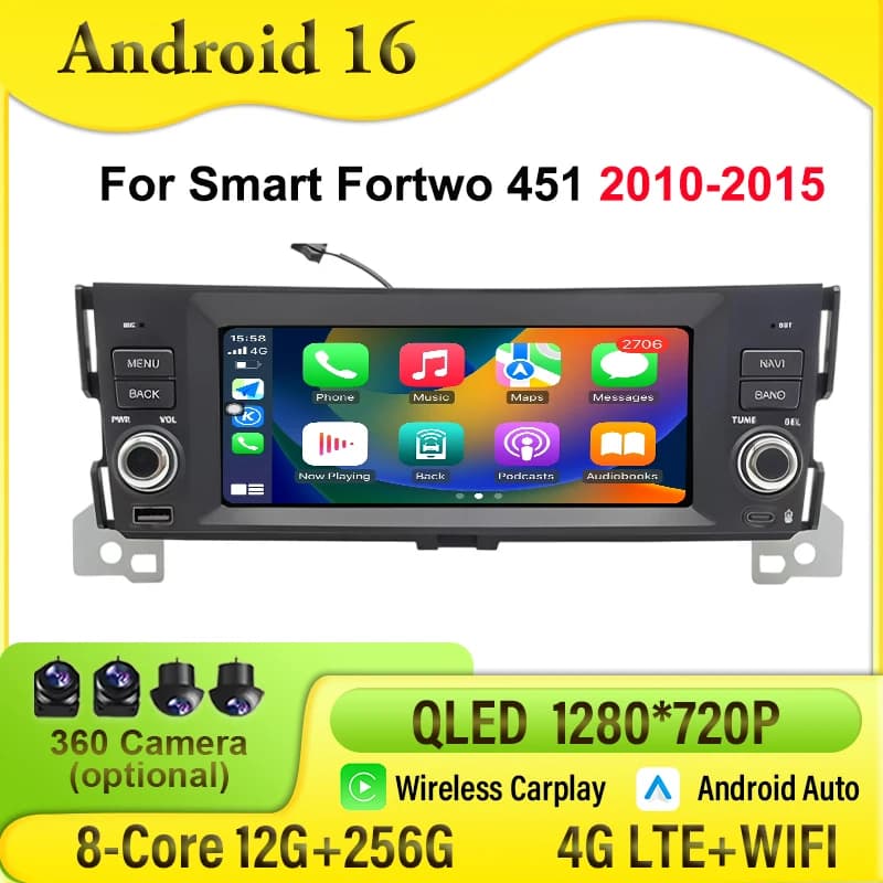 Autoradio Android per Smart Fortwo 451 2010-2015, Lettore Multimediale con Apple Carplay, GPS, Schermo Automobilistico, 4G Wifi, Bluetooth