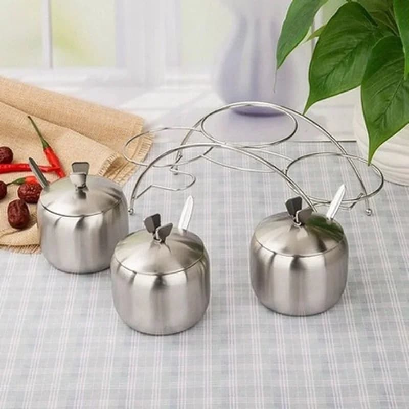 Set di 3 Pezzi Utensili da Cucina a Forma di Mela, Contenitori per Condimenti in Acciaio Inox, Barattoli per Sale e Zucchero con Cucchiai
