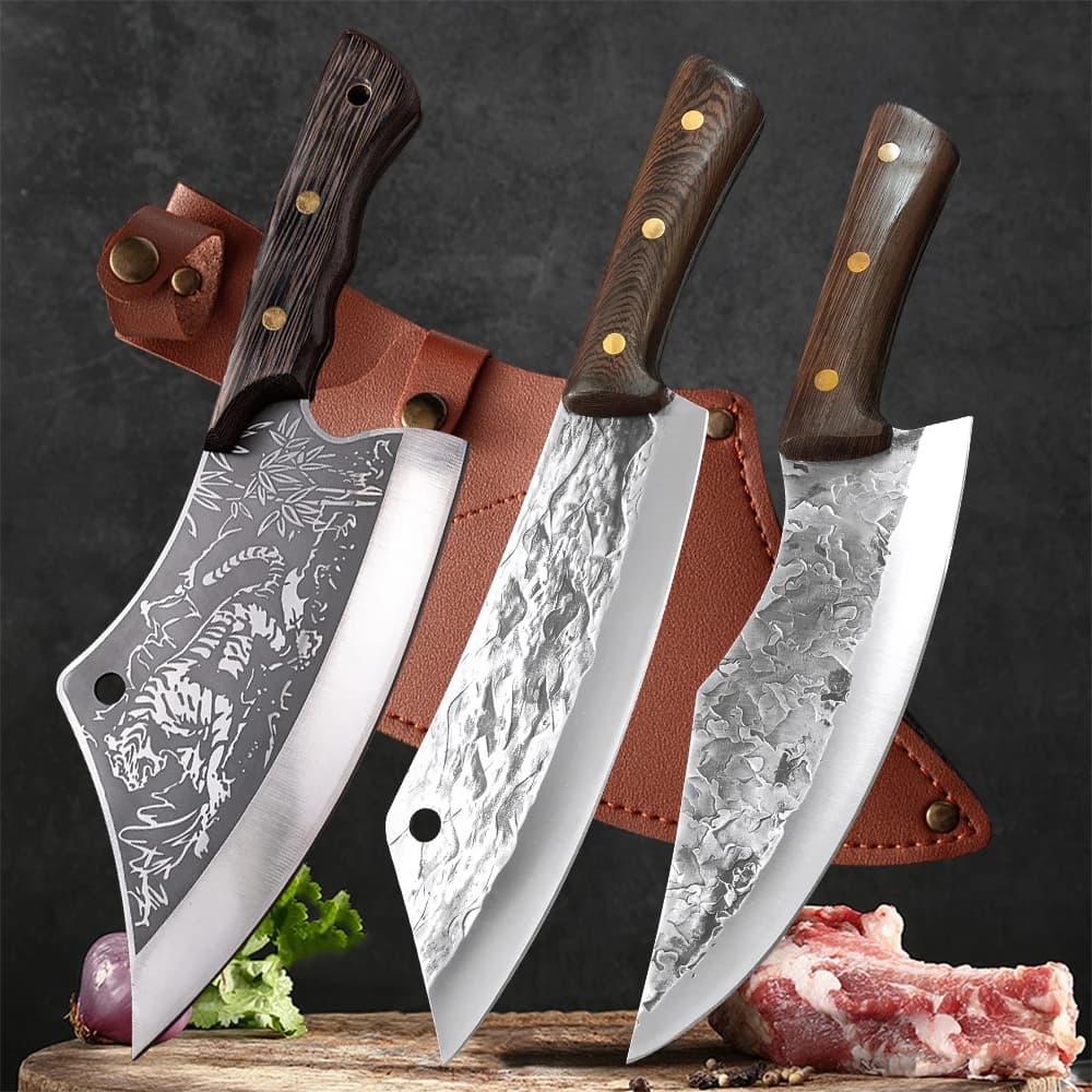 Mannaia per carne forgiata Coltello da macellaio da cucina Coltello da cuoco per tritare ossa Manico in legno Carne Frutta Verdura Pesce Coltello da cucina per affettare