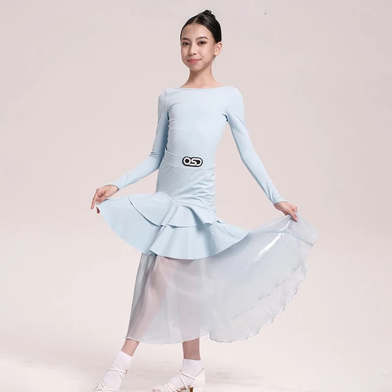 Abito da ballo moderno per bambine 2026, vestito da ballo standard per bambini, abbigliamento da performance, tuta da allenamento blu a maniche lunghe VDL5115
