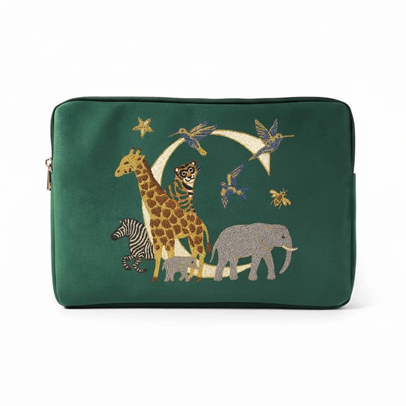 Borsa per laptop con motivo a lettere animali in velluto verde intenso, adatta per computer da 13 pollici e 14 pollici