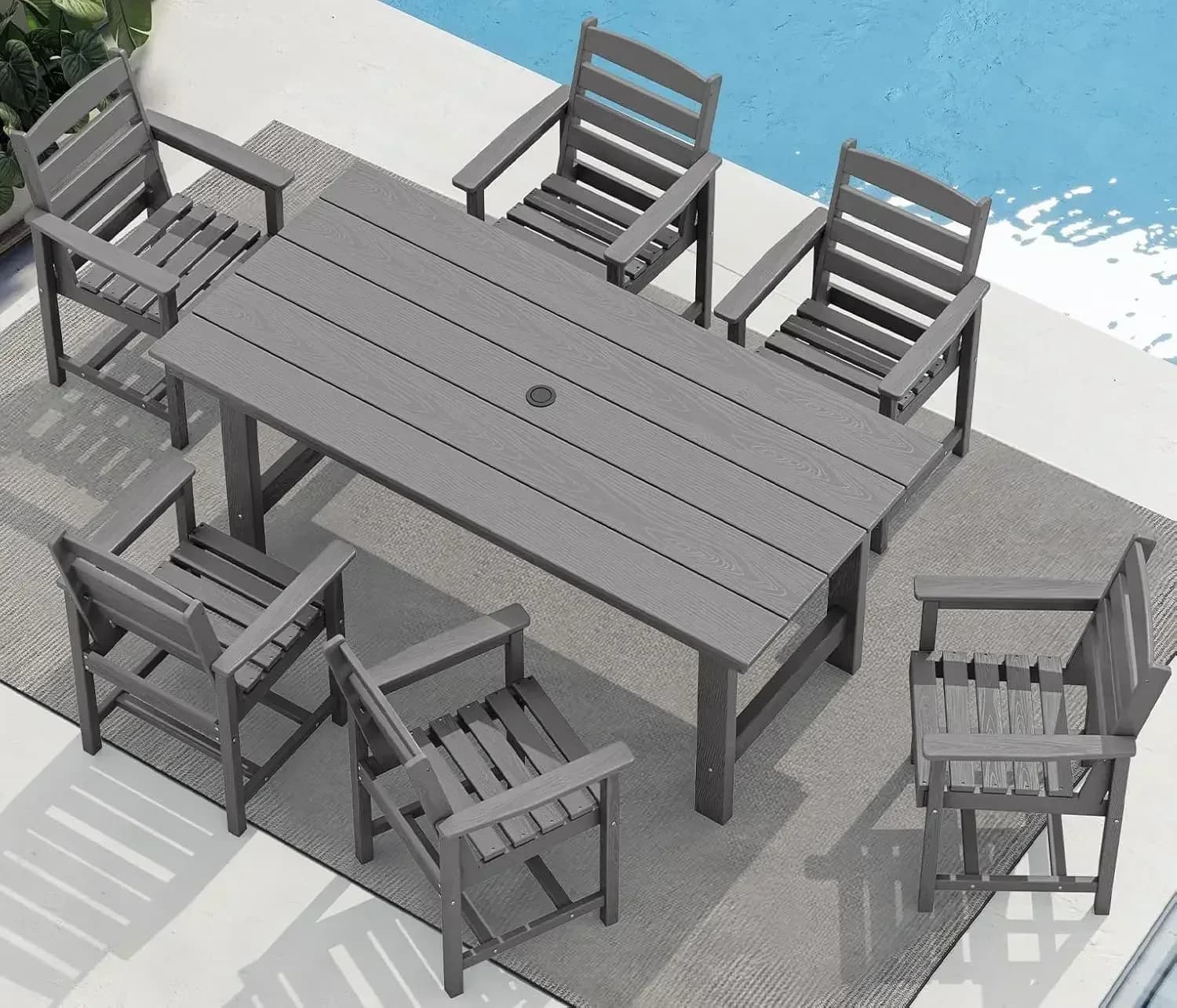 XMSJ-Outdoor outdoor dining set in HDPE, 7-piece outdoor dining set with table with umbrella hole and 6 chairs, grey