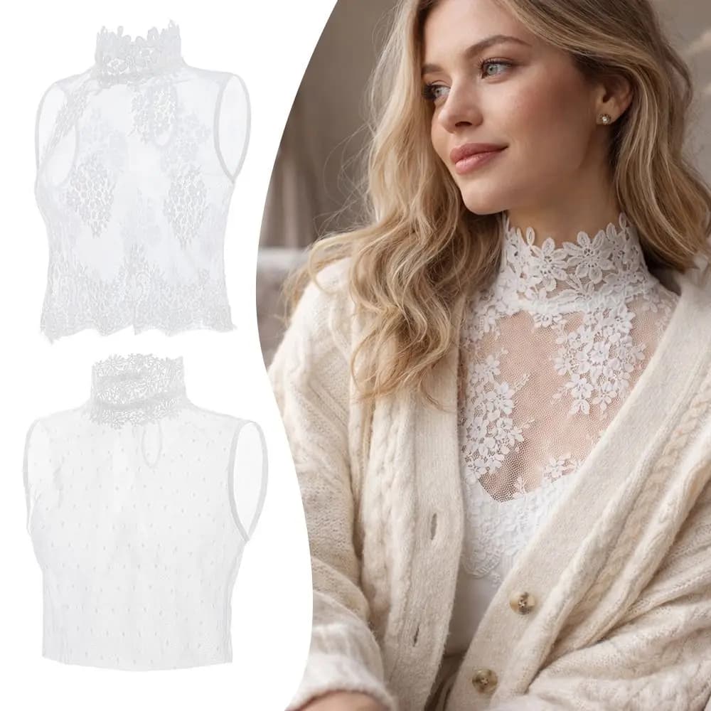 Colletto Finto Bianco con Pizzo, Colletto a Fiori Arricciato, Colletto Finto Staccabile, Blusa Finta Scavata con Risvolto