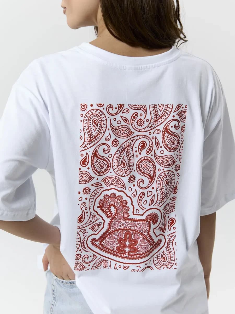 Summer Women's T-shirt, Featuring A Unique Rocking Chair Wooden Horse Image with A Red Paisley Pattern Printed on It