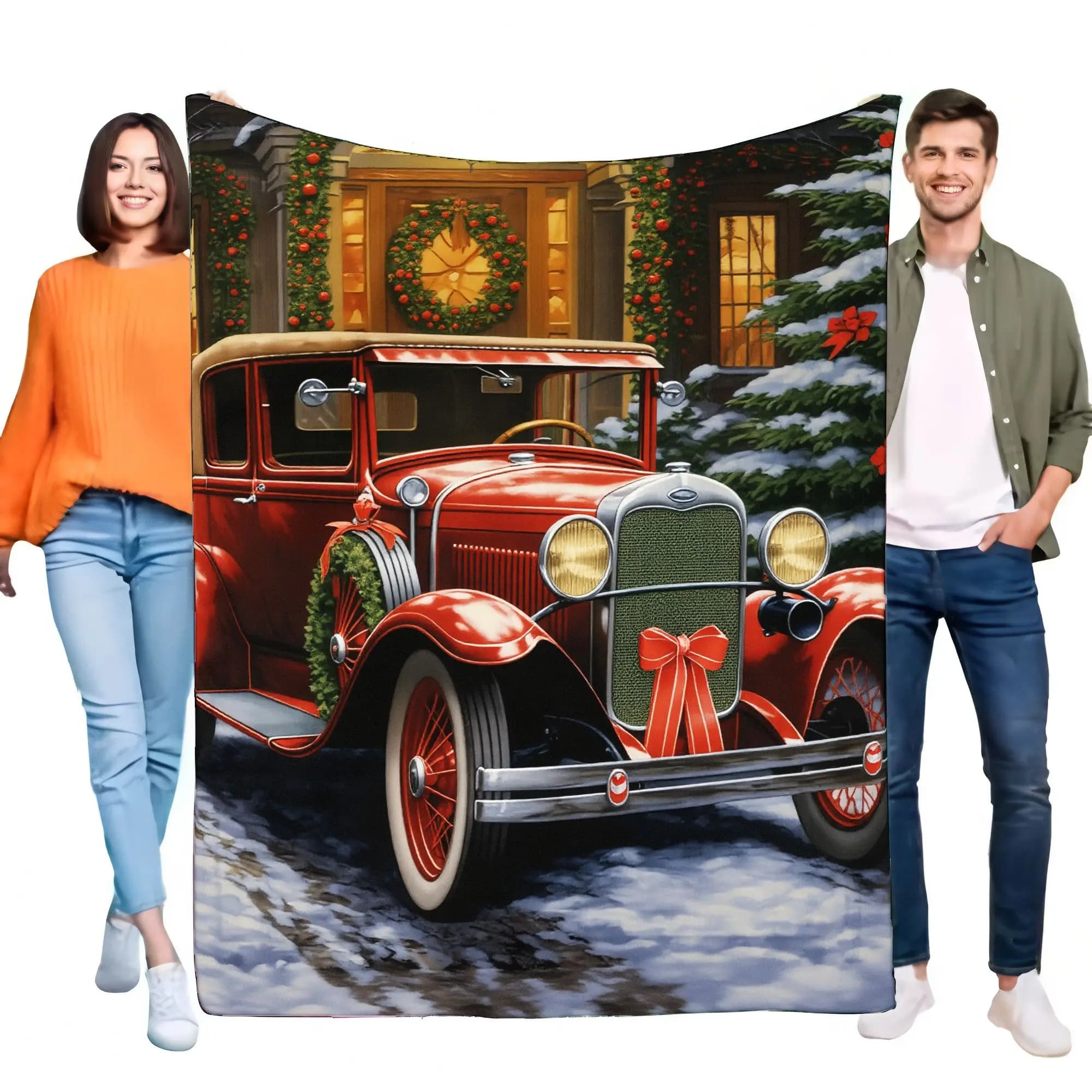 Coperta per auto rossa classica vintage, accogliente coperta natalizia morbida e calda per la casa, il soggiorno, il divano, il letto, l'autunno e la vicina