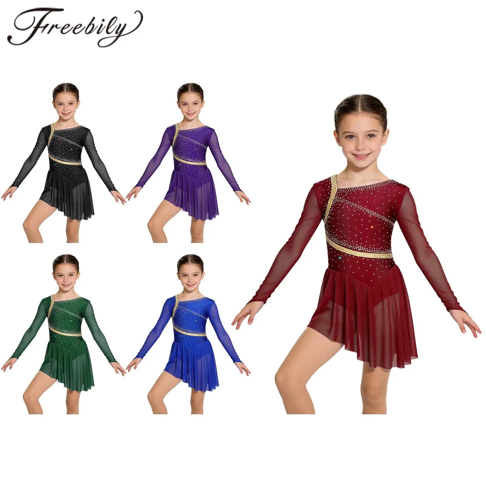 Girls Figure Ice Skating Ballet Dress Skirted Leotard Dress Children Gymnastics Lyrical Dance Costume Tutu Rhinestone Dancewear