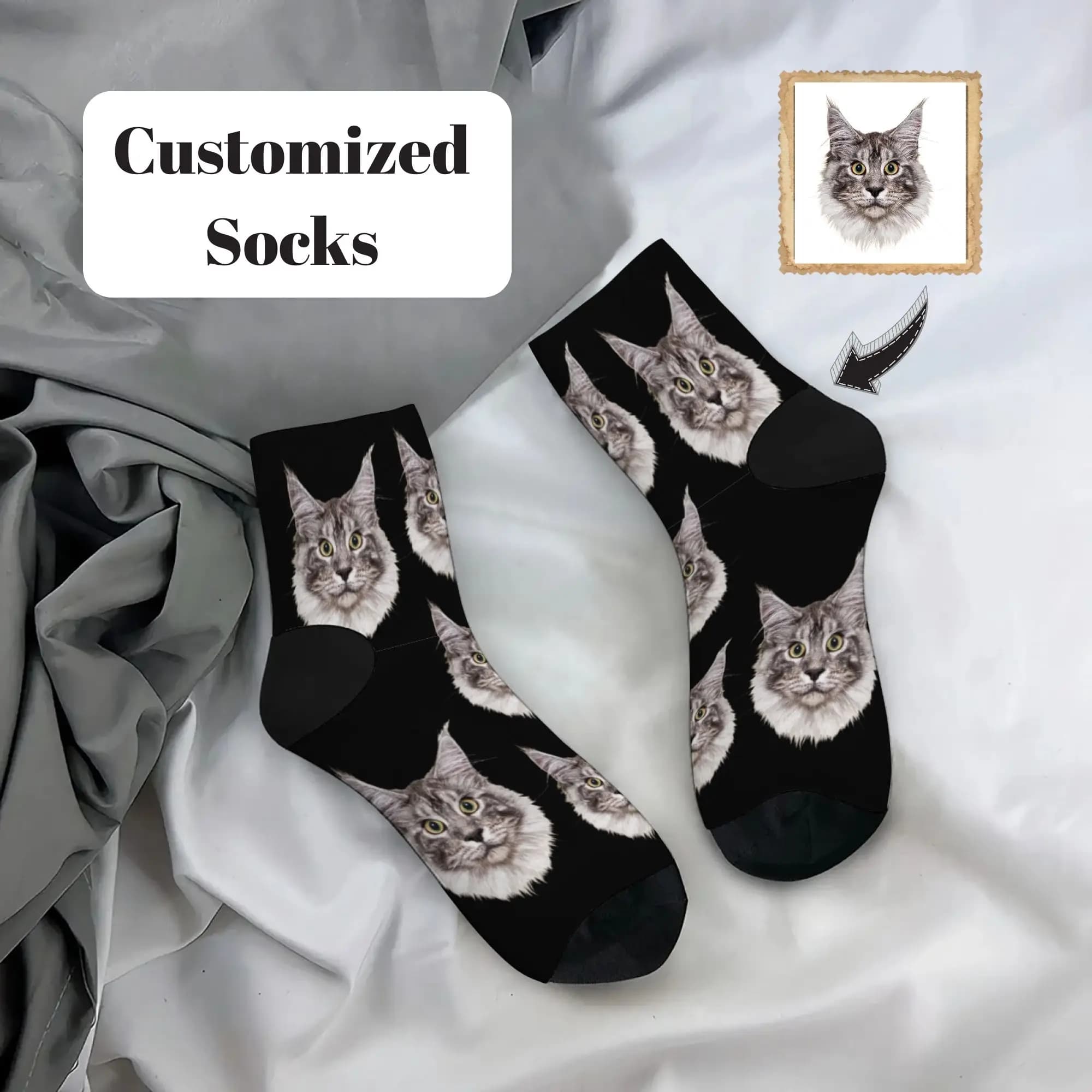 DIY Personalized Custom Maine Coon Cat Head Print Socks Soft Comfortable and Durable for Cat Lovers and Daily Casual Wear
