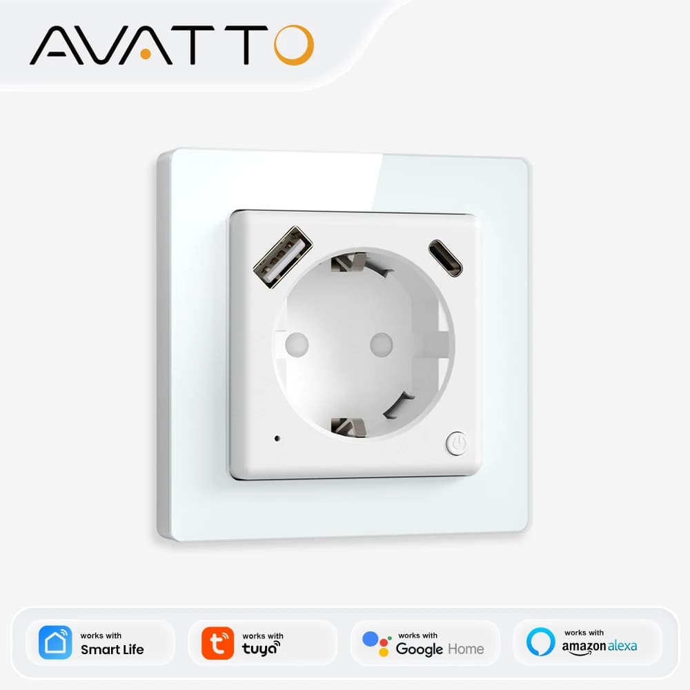 Smart Wall AVATTO Tuya WiFi with Quick Charging PD20W USB/Type-C, Energy Monitoring, Compatible with Alexa and Google Home