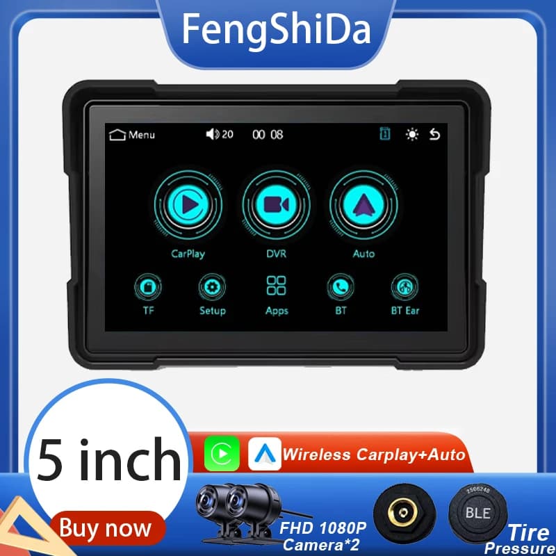 For Moto 5 Inch Carplay Waterproof 1080P BT WiFi Wireless Android-Auto DVR Monitor Dash Cam GPS Navigation TPMS Portable