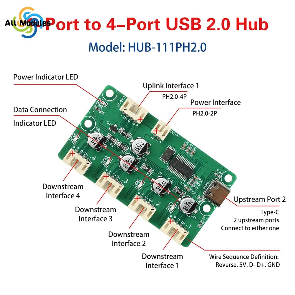 Modulo Hub USB 2.0 da 5V CC con 1 a 4 Porte, Scheda di Espansione per Sviluppo Elettronico con Interfaccia XH2.54 PH2.0