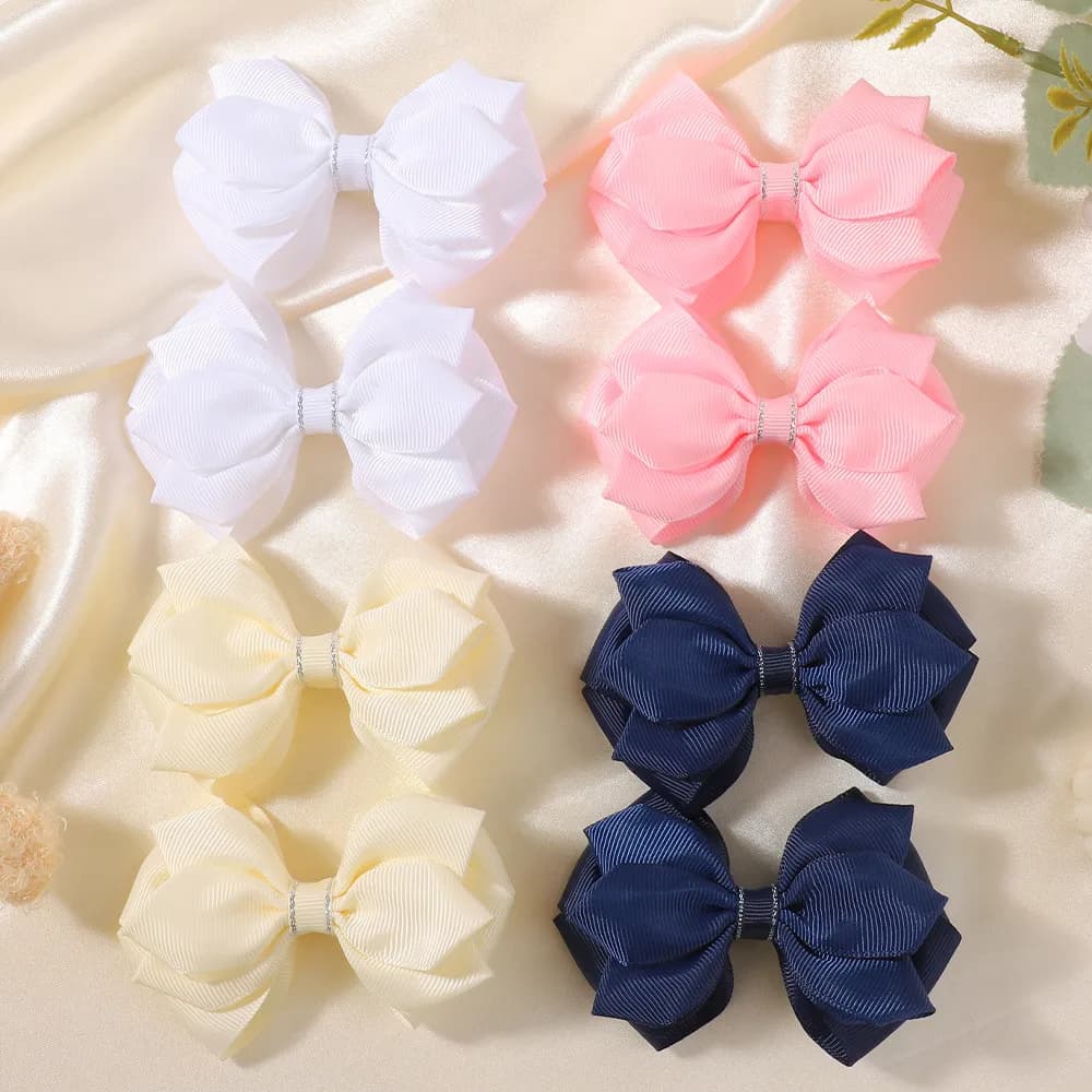 BABY BOWS 2Pcs/lot Double Layer Grosgrain Bow Hair Clips 4 Pairs Solid Color Duck Bill Barrettes Girls School Hair Accessories