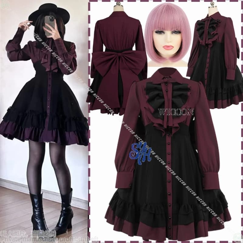 Abito da torta con fiocco gotico rosso scuro nero Anime giapponese Jirai Kei Ragazze Cosplay Kawaii Sweet Lolita Maid Abito di Halloween