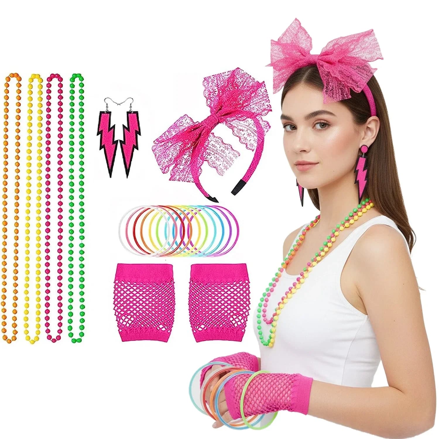 Vari accessori come collane al neon, guanti da rete da pesca, copricapo con fiocco, orecchini, ecc. per costumi da festa negli anni '80