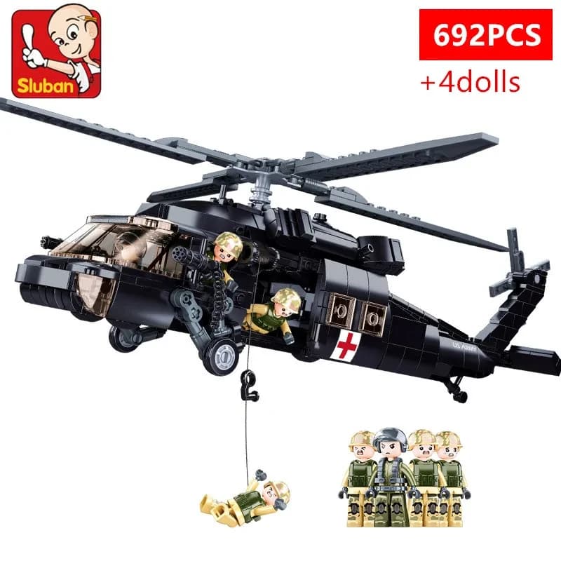 Set di Costruzioni Militari da 692 Pezzi, Modello di Elicottero UH-60L per Soccorso Medico, Black Hawk con Mini Personaggi, Giocattolo Educativo da Regalo
