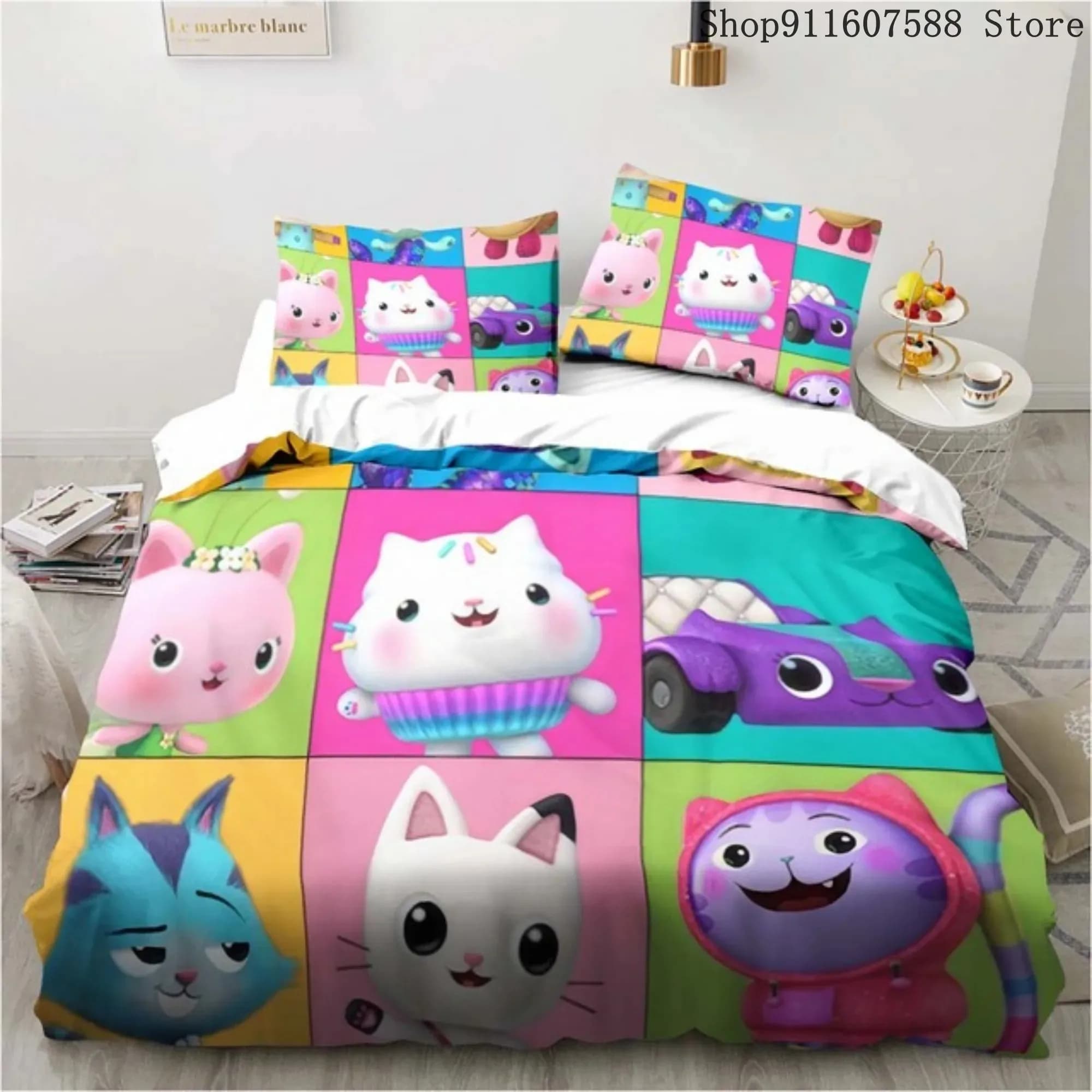 Gabby's Dollhouse Kawaii Set di biancheria da letto per camera da letto Copriletti morbidi e moderni Comodi copripiumino per bambini Copripiumino e federa