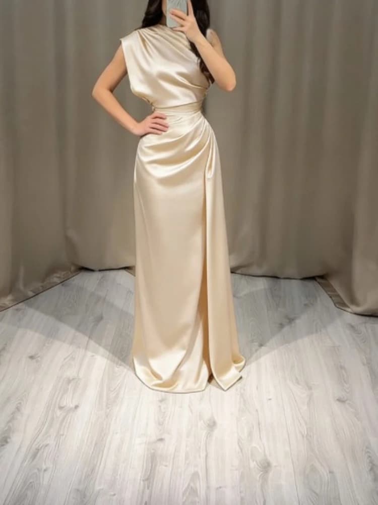 Nuovo Abito Lungo Estivo Elegante in Raso con Patchwork, Senza Maniche, Arricciato, Aderente, per Cerimonie, Matrimoni, Feste Serale