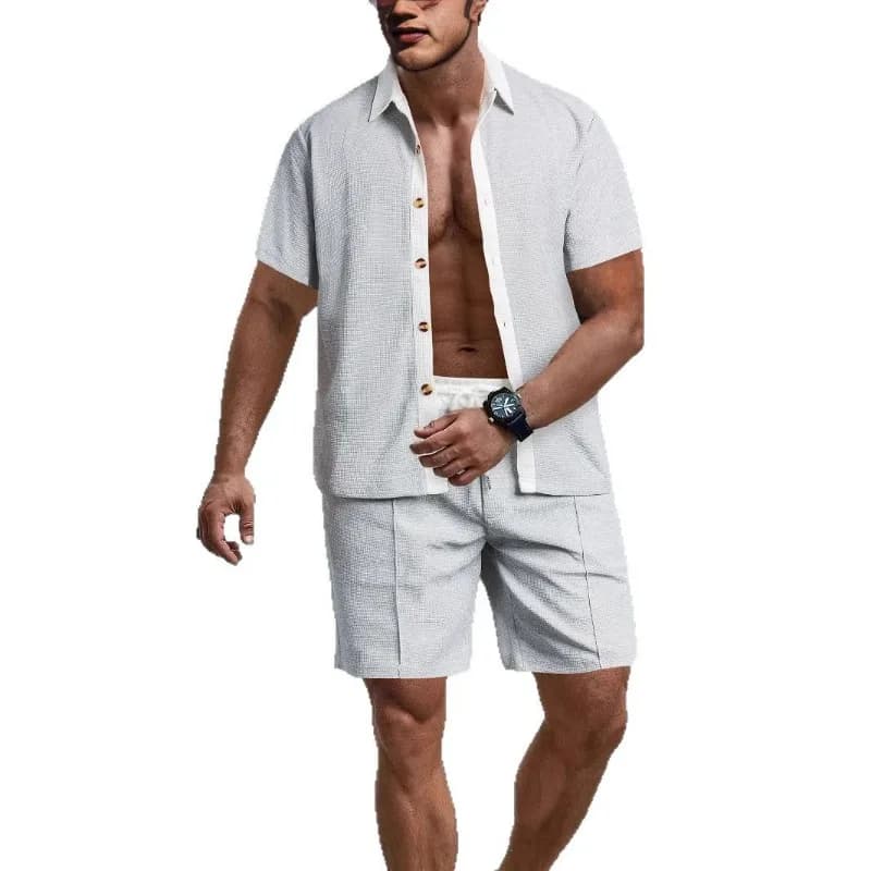 Completo da uomo in maglia waffle a due pezzi, camicia a maniche corte + pantaloncini, outfit casual da spiaggia