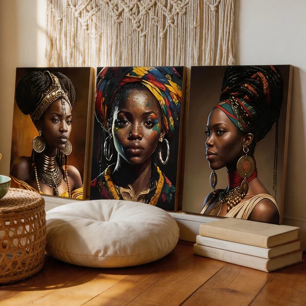 Set di 3 Quadri su Tela con Cornice in Legno, Donna Africana con Gioielli Tradizionali, Decorazione per Soggiorno, Camera da Letto, Cucina, Ufficio, Casa