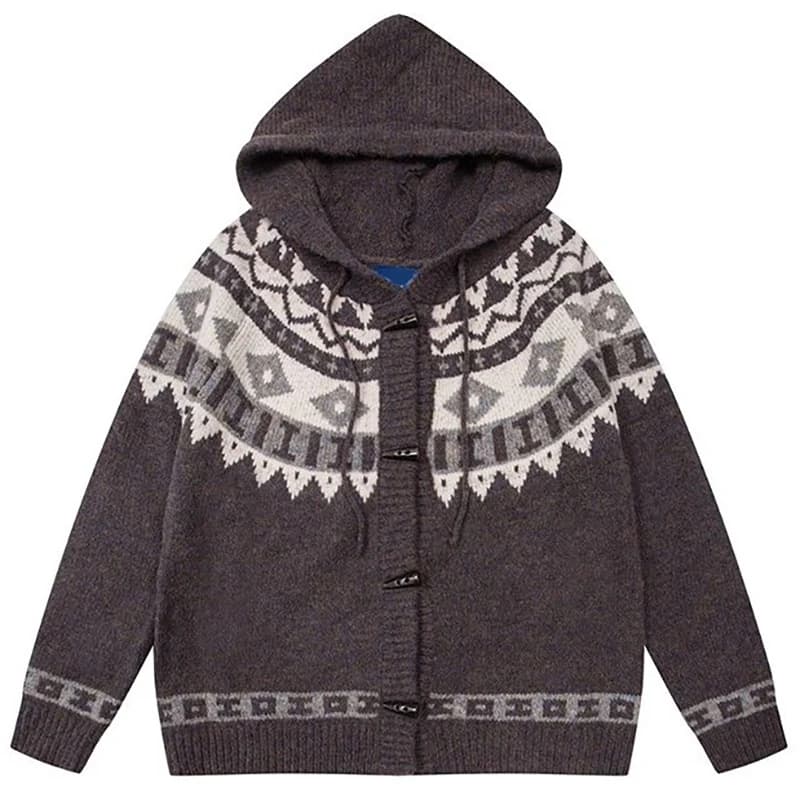 Cardigan da Uomo Stile Fair Isle con Cappuccio e Bottoni, Motivo Geometrico Oversize, Maglione Natalizio Autunno Inverno