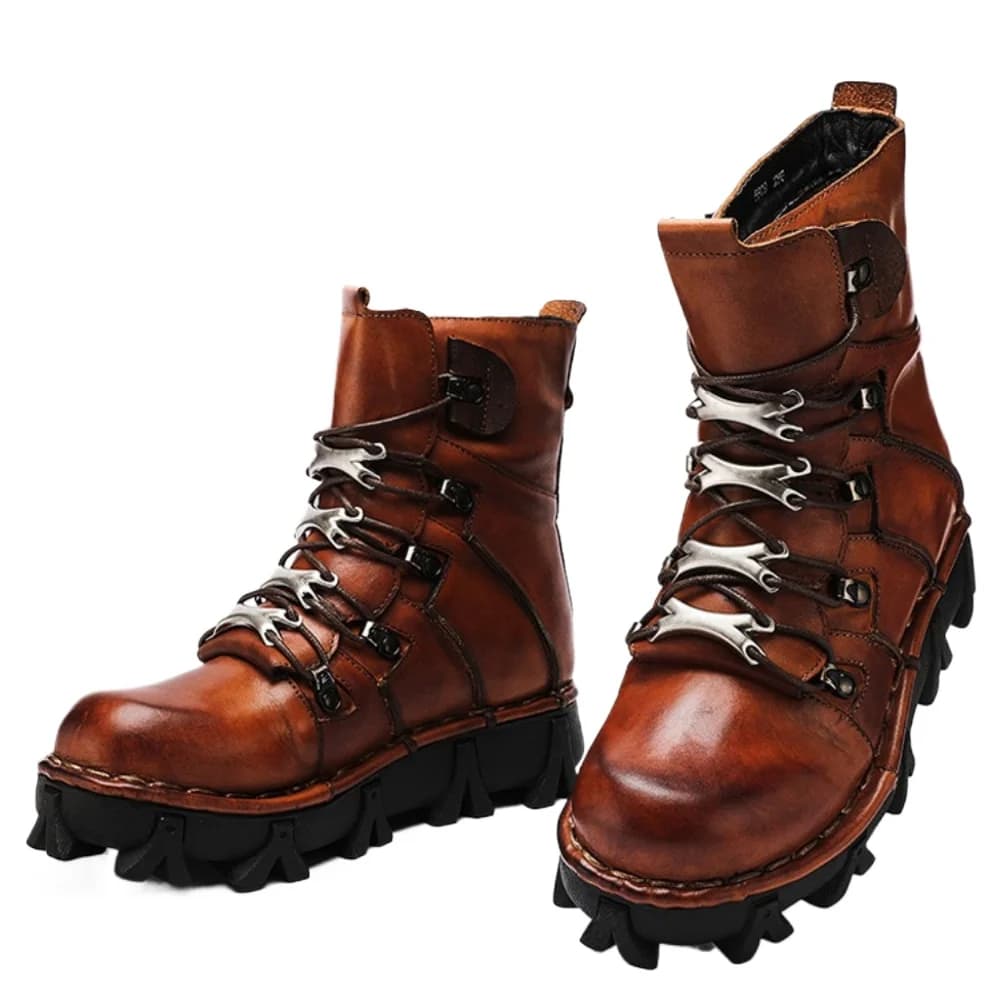 Stivali da Moto in Vera Pelle di Vacchetta per Uomo, Stile Gotico Punk con Teschio, Suola Spessa, Stivali da Neve, Scarpe da Escursionismo