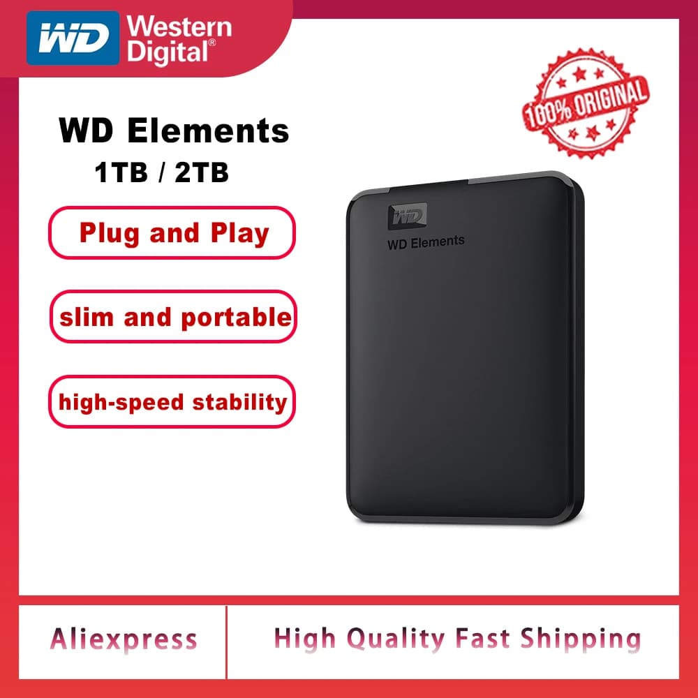 Western Digital WD Elements 2T 1T Disco rigido esterno 2.5 "USB 3.0 Disco rigido HDD esterno portatile per PC desktop portatile