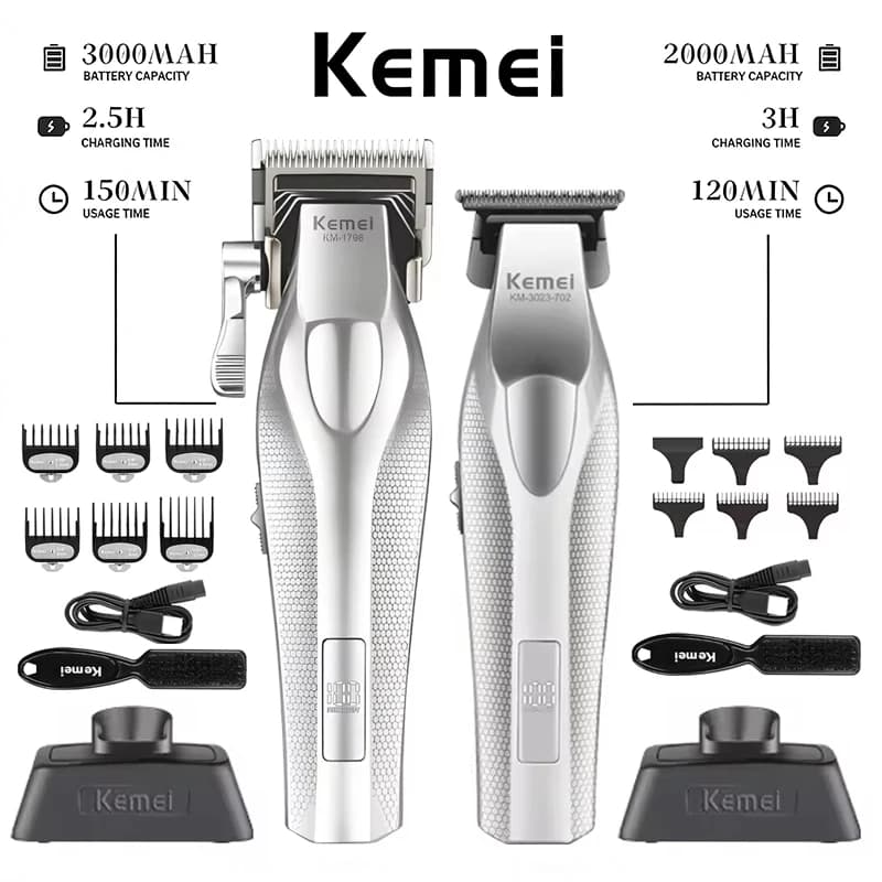 Set di Tagliacapelli Professionali Kemei, Macchina Elettrica per Taglio Capelli, Trimmer Regolabile per Uomo KM-1798 KM-3023-702 Kit