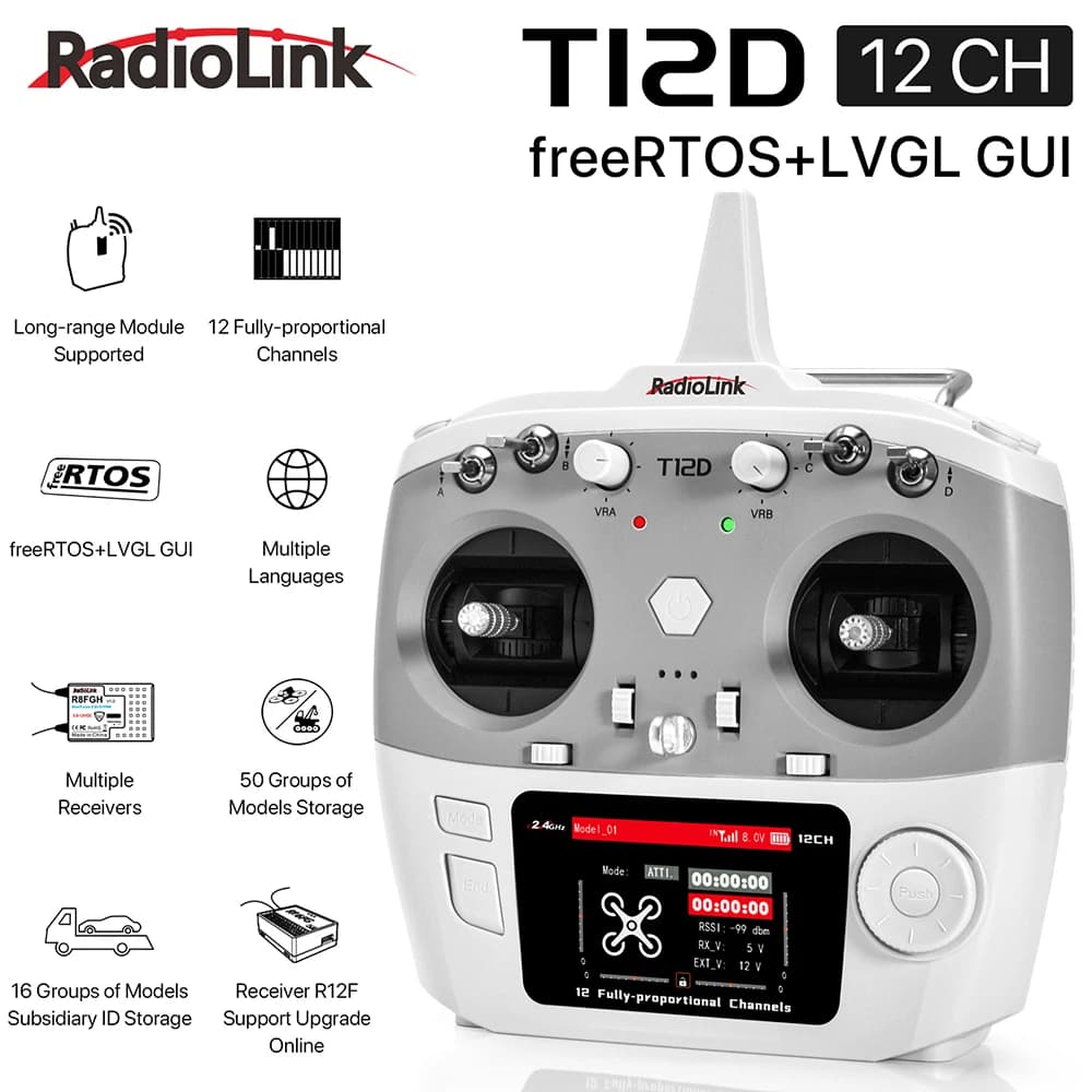 Radiocomando RadioLink T12D 12CH 2.4GHz con Ricevitore R12F per Droni FPV, Auto, Barche e Robot