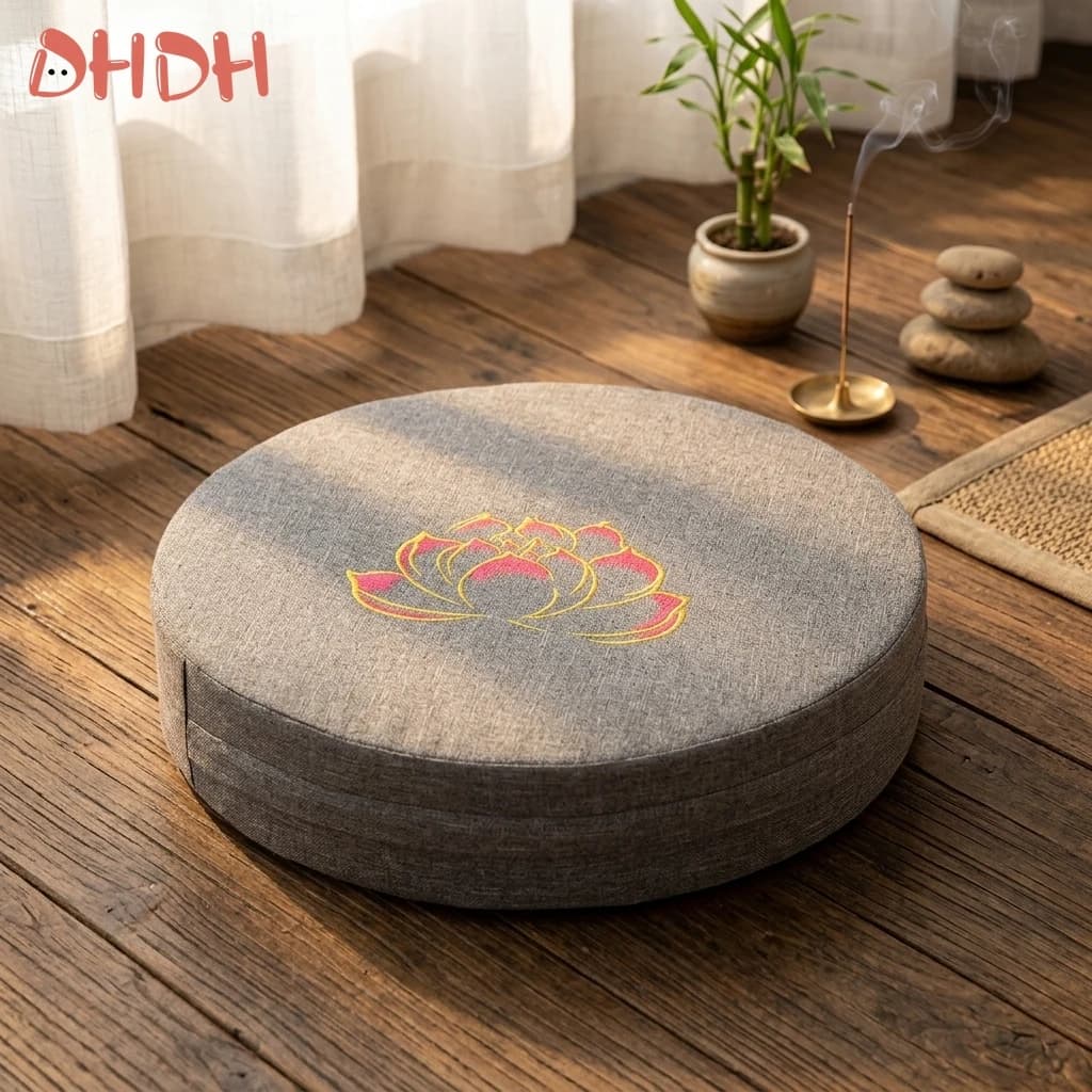 Premium Round Yoga Floor Pillow with Lotus Embroidery High Quality Durable Linen Color Gray Advanced Meditation Zafu Tatami Seat