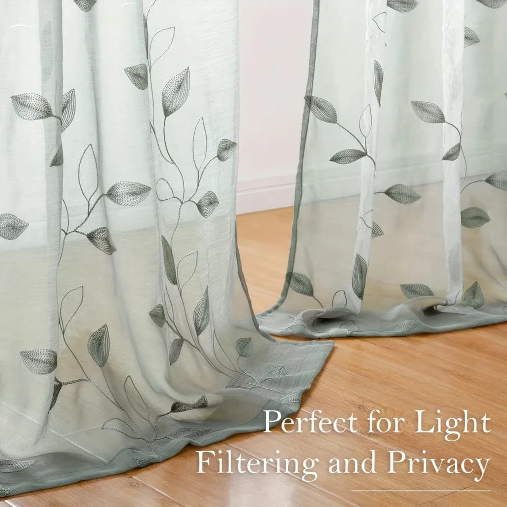 2PCS Semi-Transparent Embroidered Leaf Window Thin Curtain Washable Through-shaft Type Window Sheer Soft Modern Style