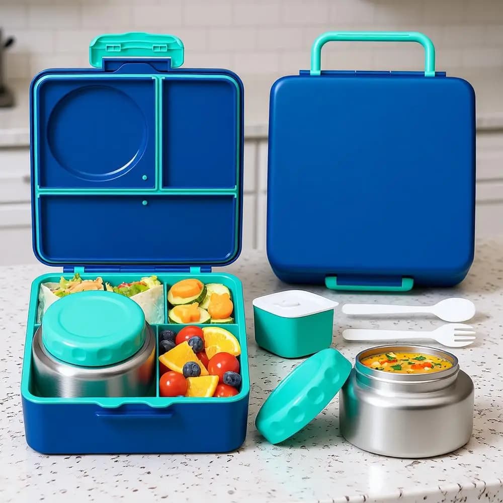 Contenitore per il pranzo dei bambini con barattolo termico per alimenti, utensili e barattolo per salse, lavabile in lavastoviglie, con 3 o 4 scomparti