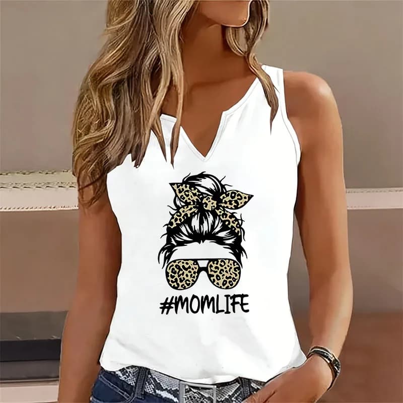 T-shirt Canotta Scollo a V Senza Maniche Casual Moda Leopardata MOM Life Vest T-shirt Donna