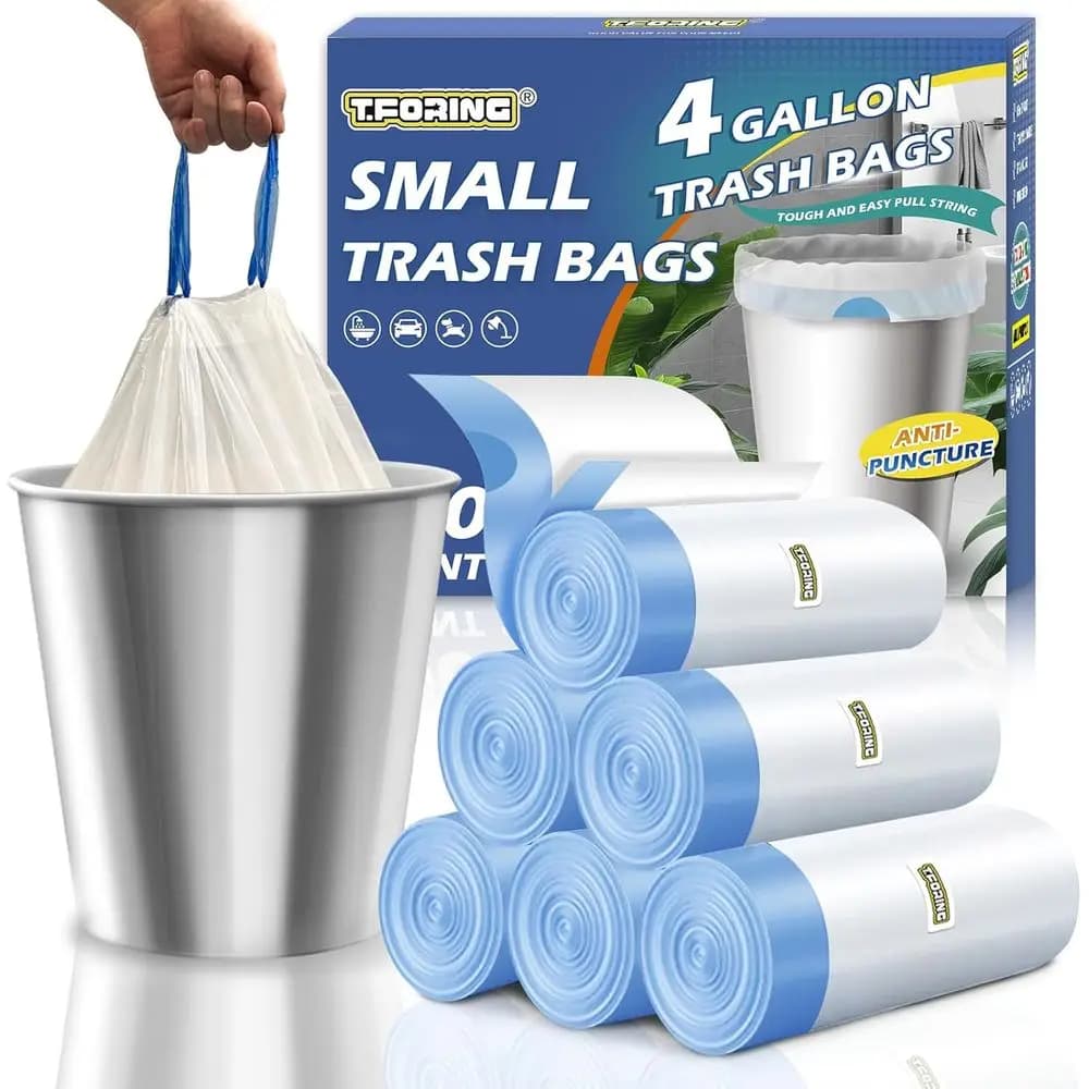 Sacchi per la Spazzatura in Plastica Bianchi Spessi Senza Profumo da 4 Galloni con Cordoncino, 15 Litri per Bagno, Cestino, Toilette, Casa e Ufficio