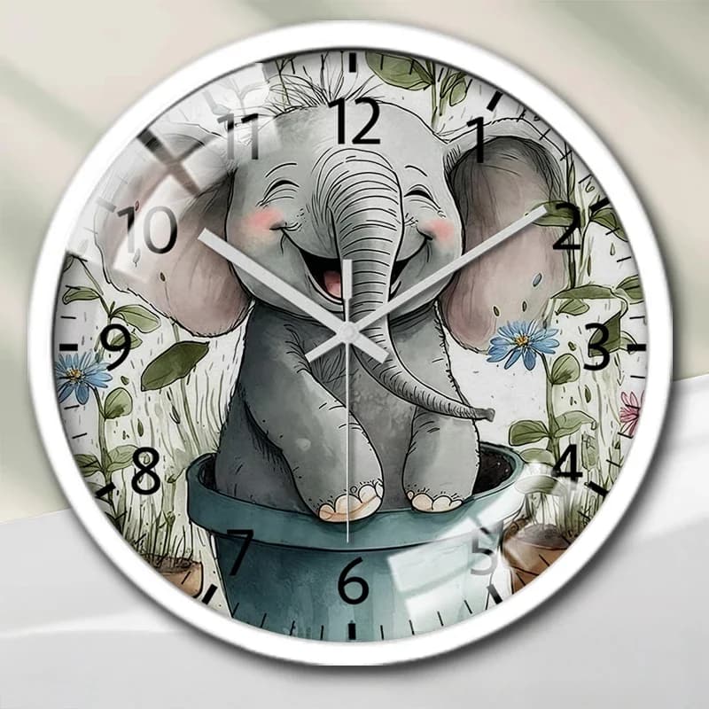 Orologio da parete silenzioso rotondo con cartone animato di un elefantino, adatto per soggiorno, scuola, studio, camera da letto, regali per bambini