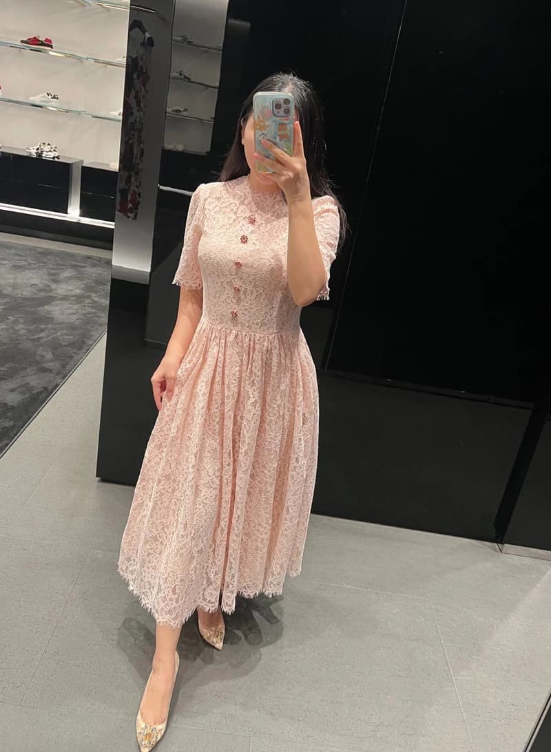 High Quality Hollow Out Lace Embroidery Dress Elegant Office Ladies Rhinestone Button Slim Pink Long Dress