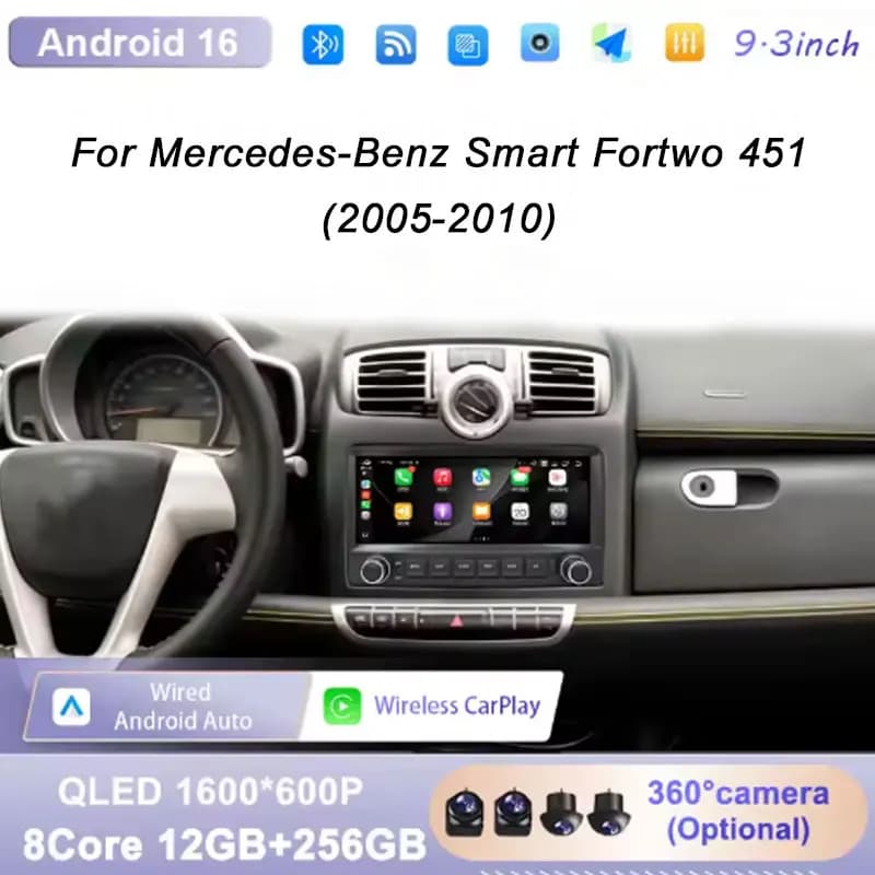 9.3" Android 16 for Mercedes-Benz Smart Fortwo 451 2005-2010 Car Multimedia Player Wireless CarPlay GPS Navi BT Split Screen LHD