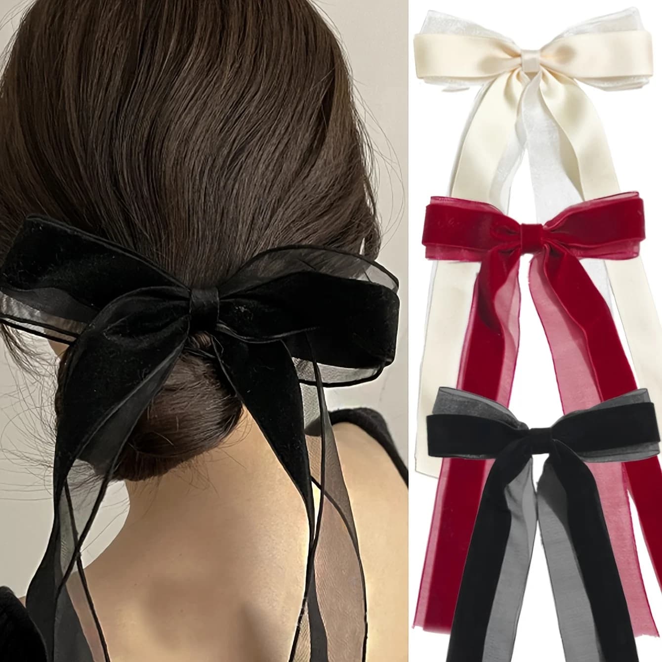 Flannel mesh yarn large sweet long bow hairpin bangs clip simple duck bill clip headgear French simple hairpin
