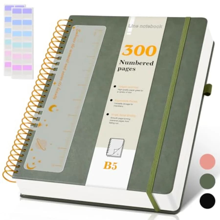 Spiral Notebook Journal 7.6" x 10", 300 Numbered Pages Hardcover Leather Journals for Women Men, Large Lined College Ruled Note