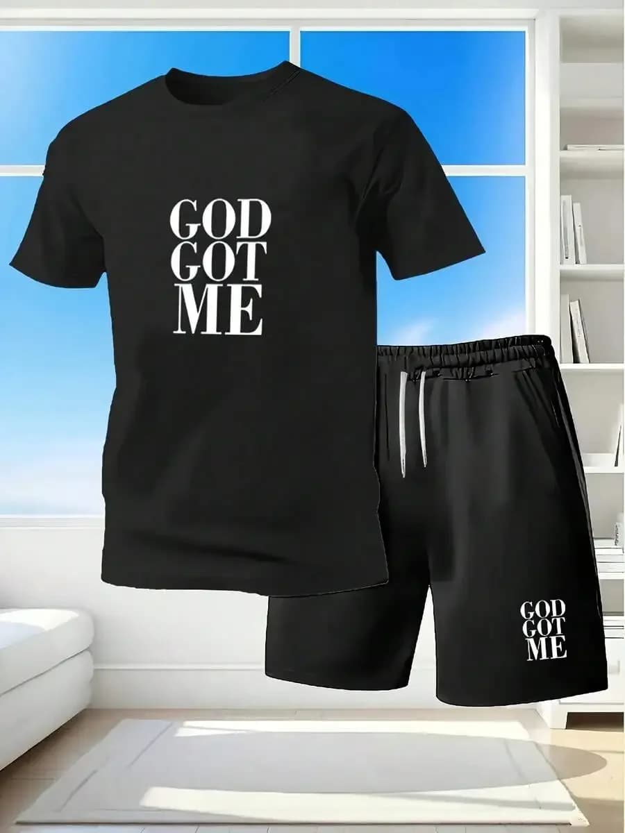Set di t-shirt e pantaloncini neri da uomo con grafica God Got Me, abbigliamento casual estivo
