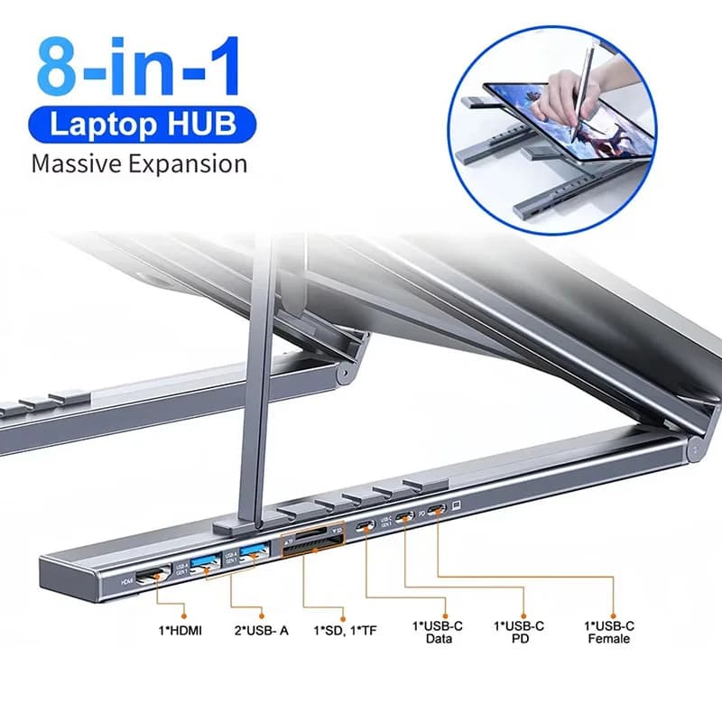Docking station con staffa 8 in 1 Supporto per laptop in lega di alluminio Hub Adattatore da TYPE-C a HDMI 4K PD100W USB3.0 Hub da 5 Gbps Splitter USB