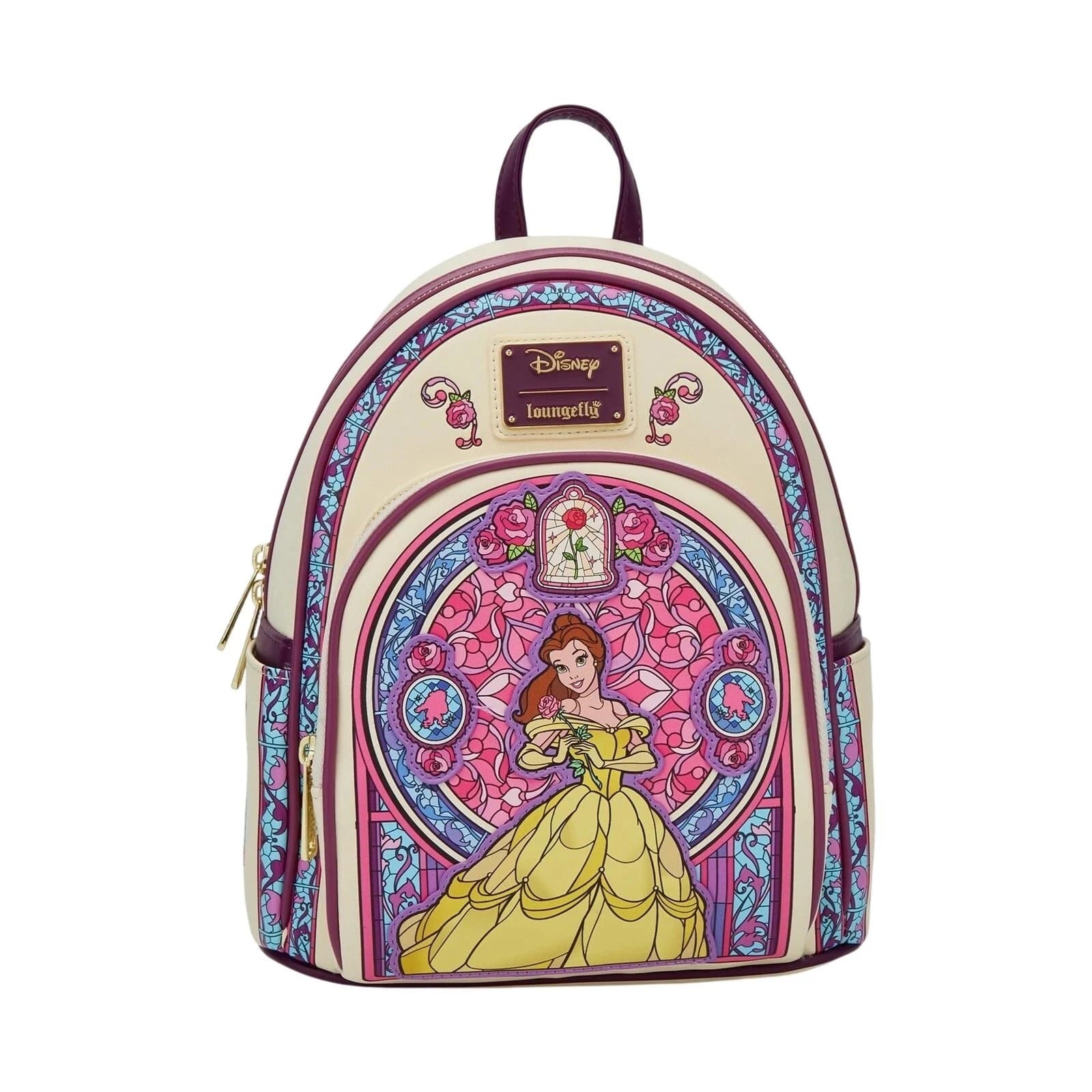 Loungefly La Bella e la Bestia Bellissimo Portrai in vetro colorato da donna con doppia tracolla, borsa a tracolla, zaino per scuola elementare