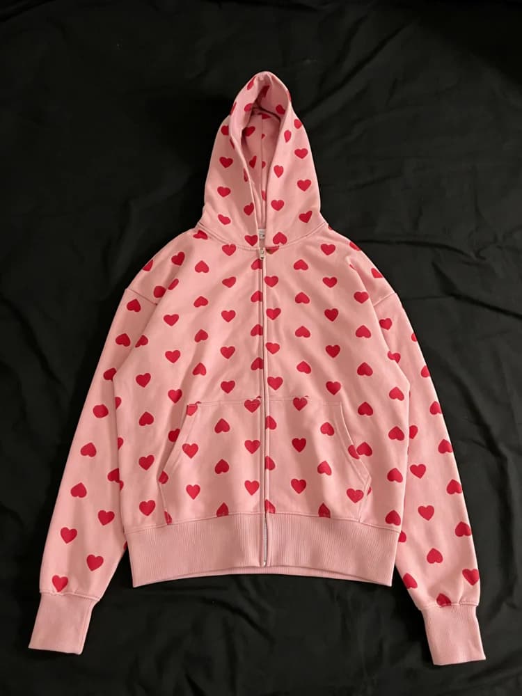 Cute All Over Heart Graphic Zip Up Hoodie Women Pink Casual Streetwear Hooded Jacket 2026