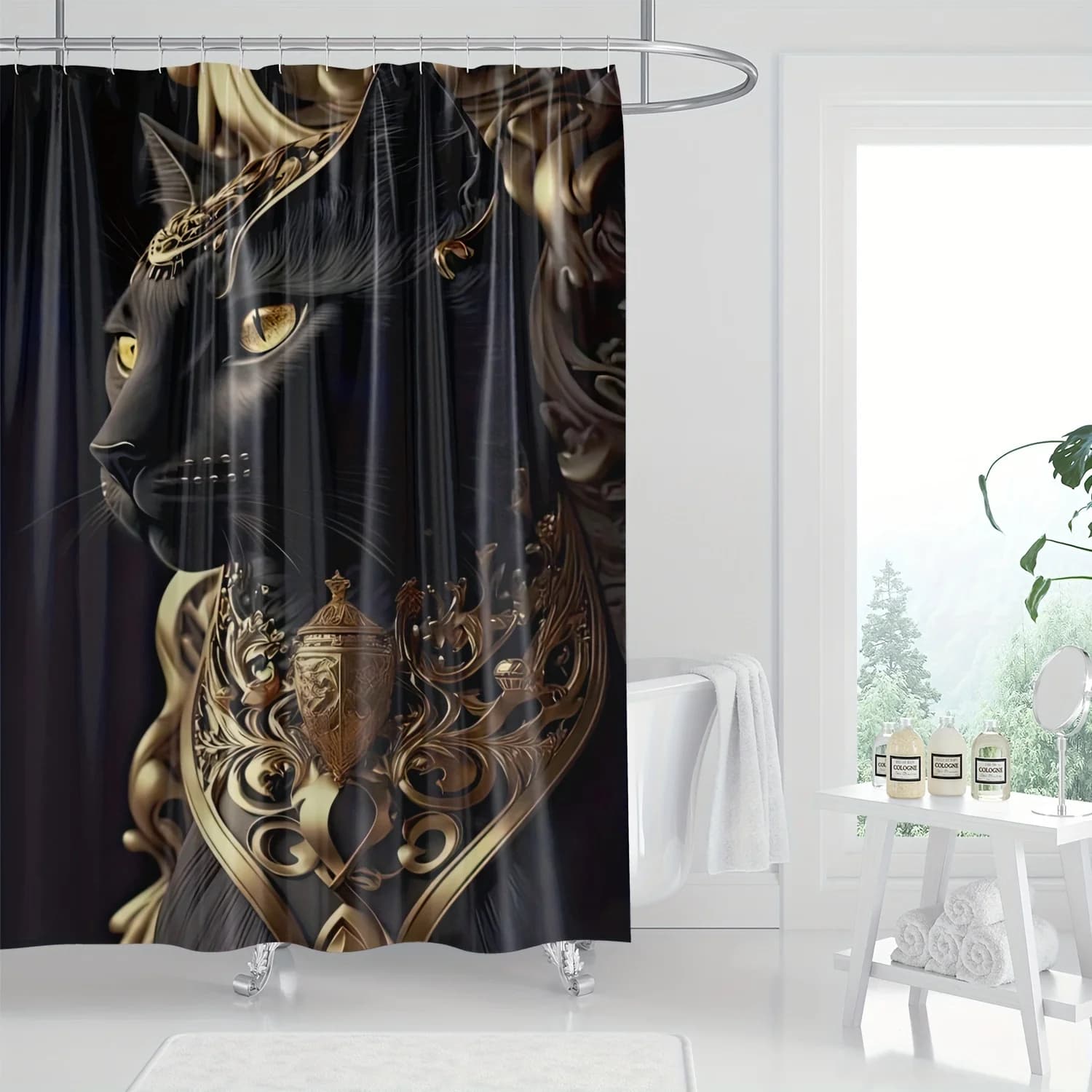 Maestoso gatto nero con tenda da doccia impermeabile con ornamento dorato - Design artistico elegante per un'arredamento lussuoso del bagno