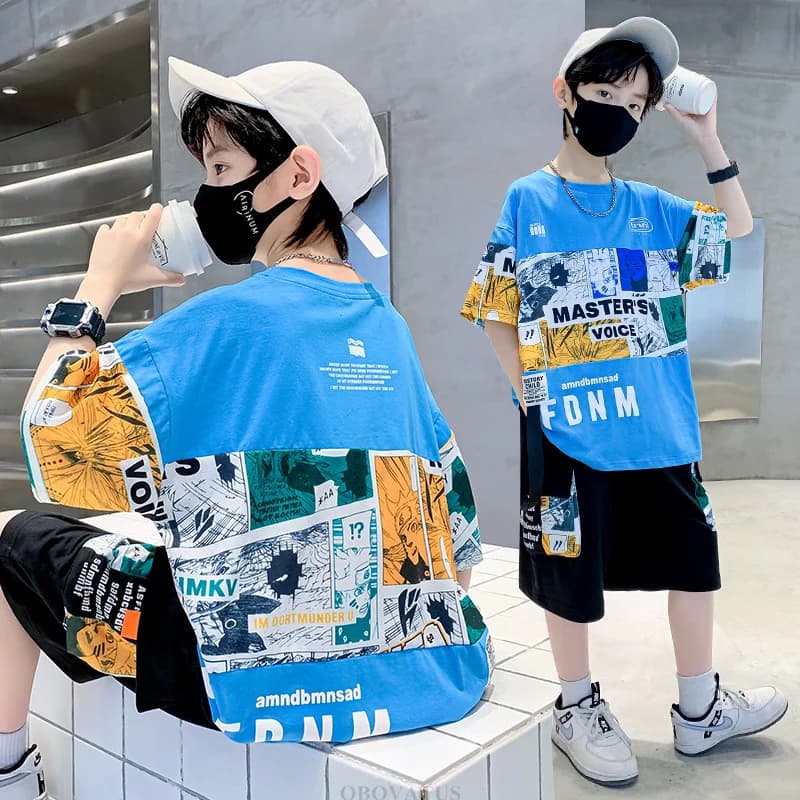 Completo da streetwear estivo di alta moda per bambini per ragazzi T-shirt pantaloncini Set di abbigliamento in due pezzi Abbigliamento casual per adolescenti per bambini