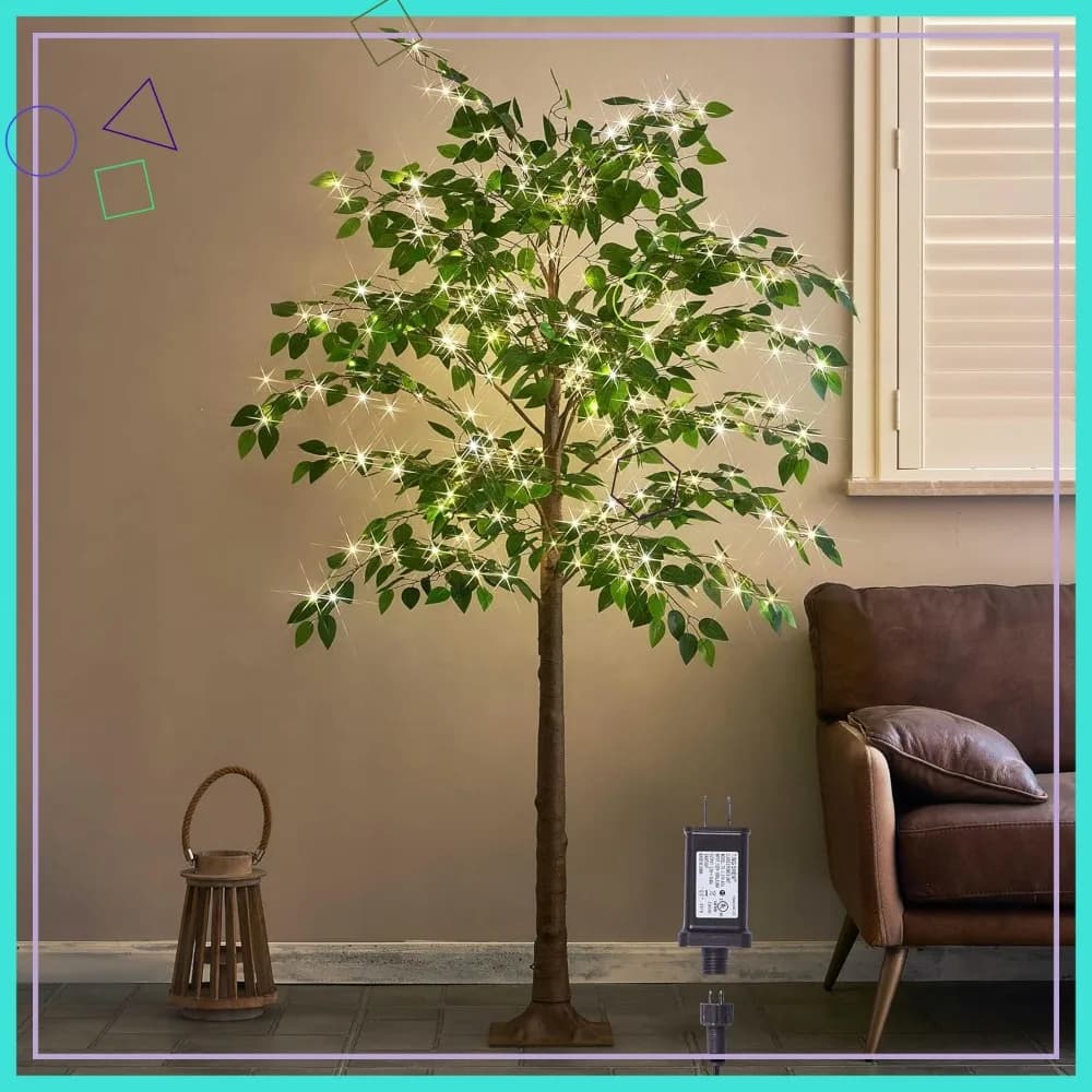 Albero di Ficus Artificiale da 1,8 m con 264 Luci LED, Pianta Finta per Decorazioni Domestiche Primavera Estate Natale Interni