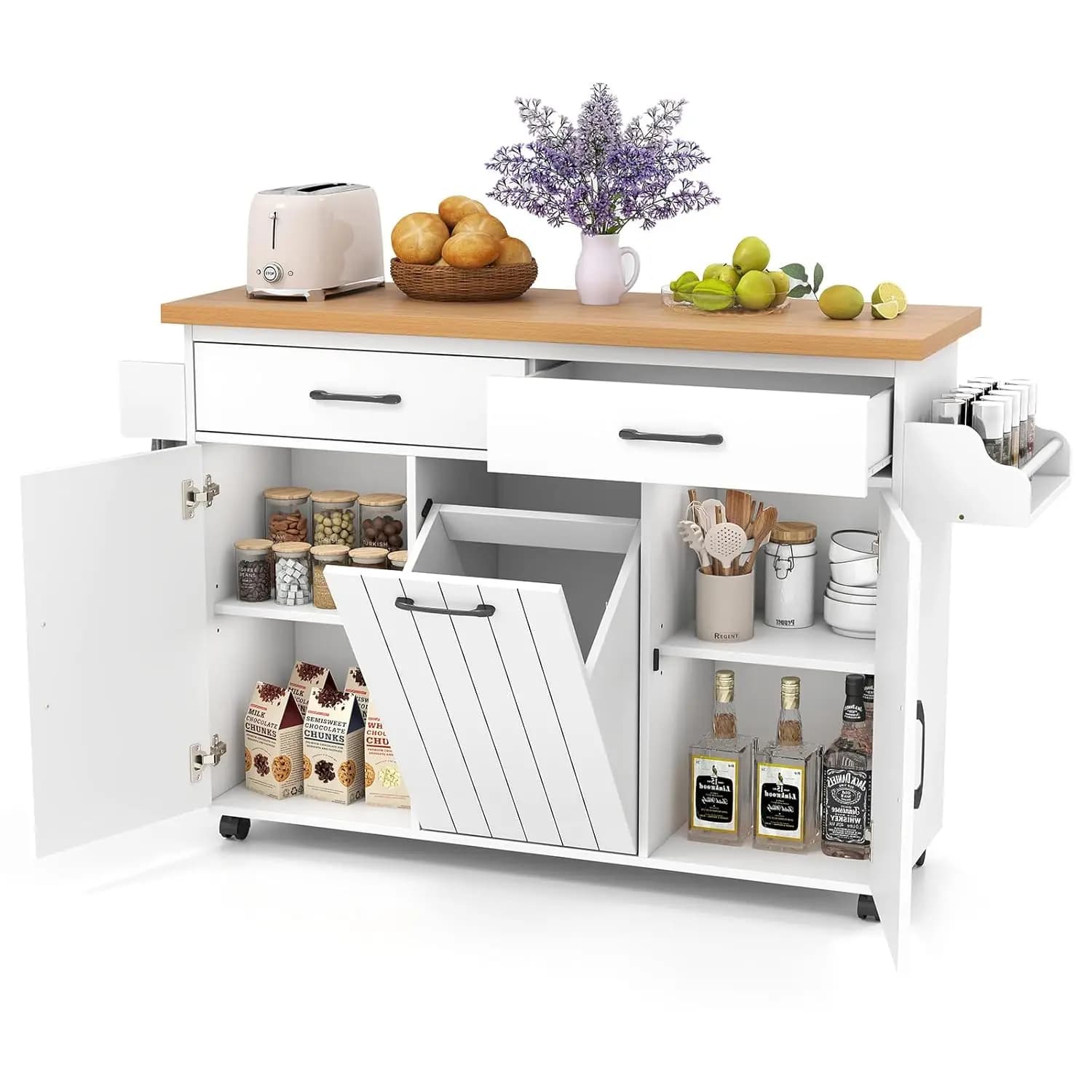 Isola Cucina Mobile con Cestello Rifiuti Ribaltabile, Carrello con Ruote, Porta Spezie, Portasciugamani, Ripiani Regolabili, per Sala da Pranzo, Bianco, Personalizzabile