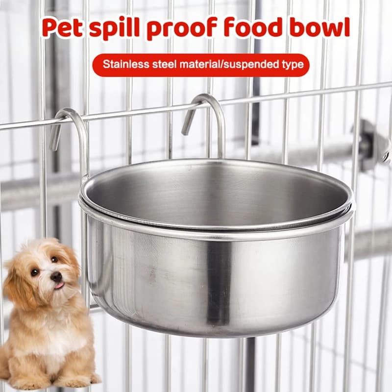【F】Crate Dog Cat Bowl Stainless Steel Hanging Pet Cage Bowl Food Water Feeder Coop Cup For Cat Puppy Birds Rats 5 Sizes