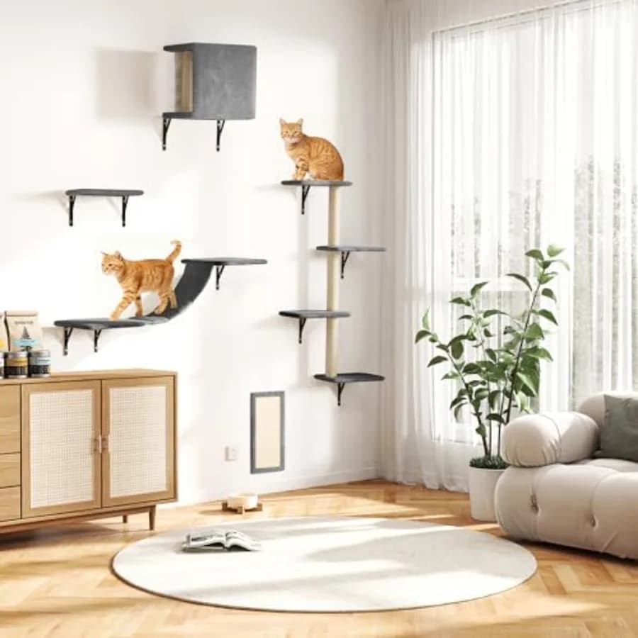 Set di arredi per gatti da parete: 5 pezzi, struttura da gioco per interni con tiragraffi e mensole in tessuto beige resistente