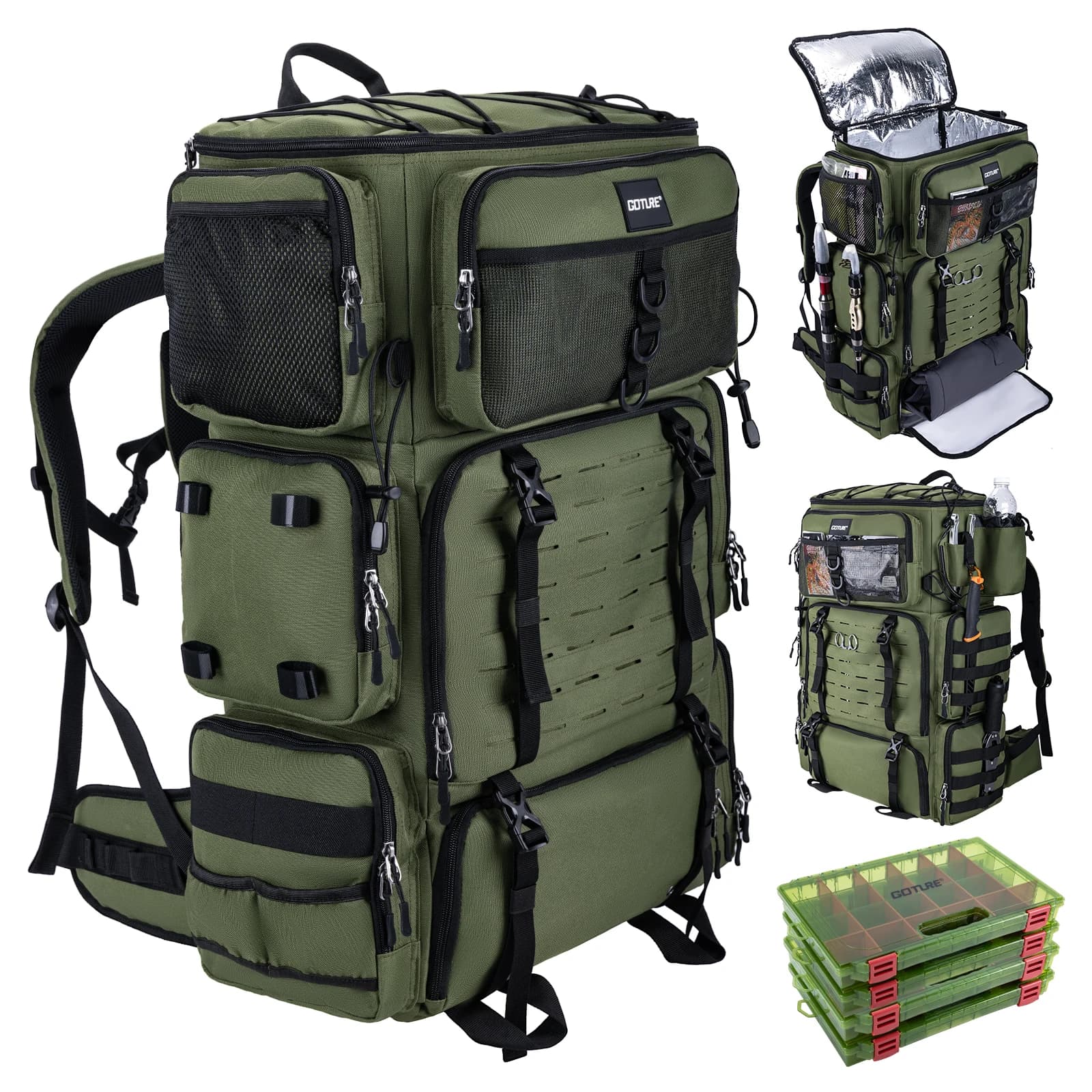 Zaino da viaggio Goture 72L per esterni, borsa da pesca di grande capacità con borsa termica 16L e scomparto asciutto/bagnato, borsa per campeggio, caccia ed escursionismo